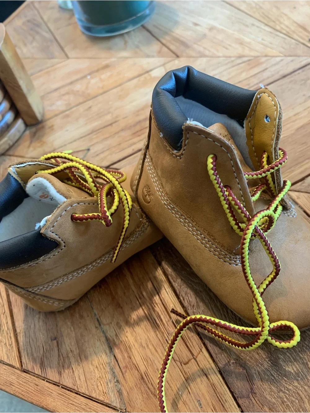 Timberland Kids Tan Boots with Yellow and Burgundy Two-Tone Laces